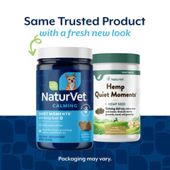 NaturVet Quiet Moments bottle label close-up emphasizes calming hemp ingredients for pets.