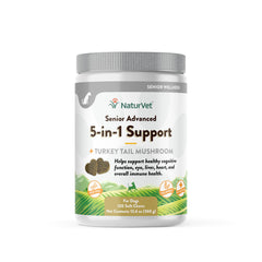 NaturVet Senior Advanced 5-in-1 dog supplement bottle demonstrates immune and heart support for aging dogs