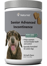 NaturVet Senior Advanced incontinence soft chews bottle aids daily bladder support for senior dogs.