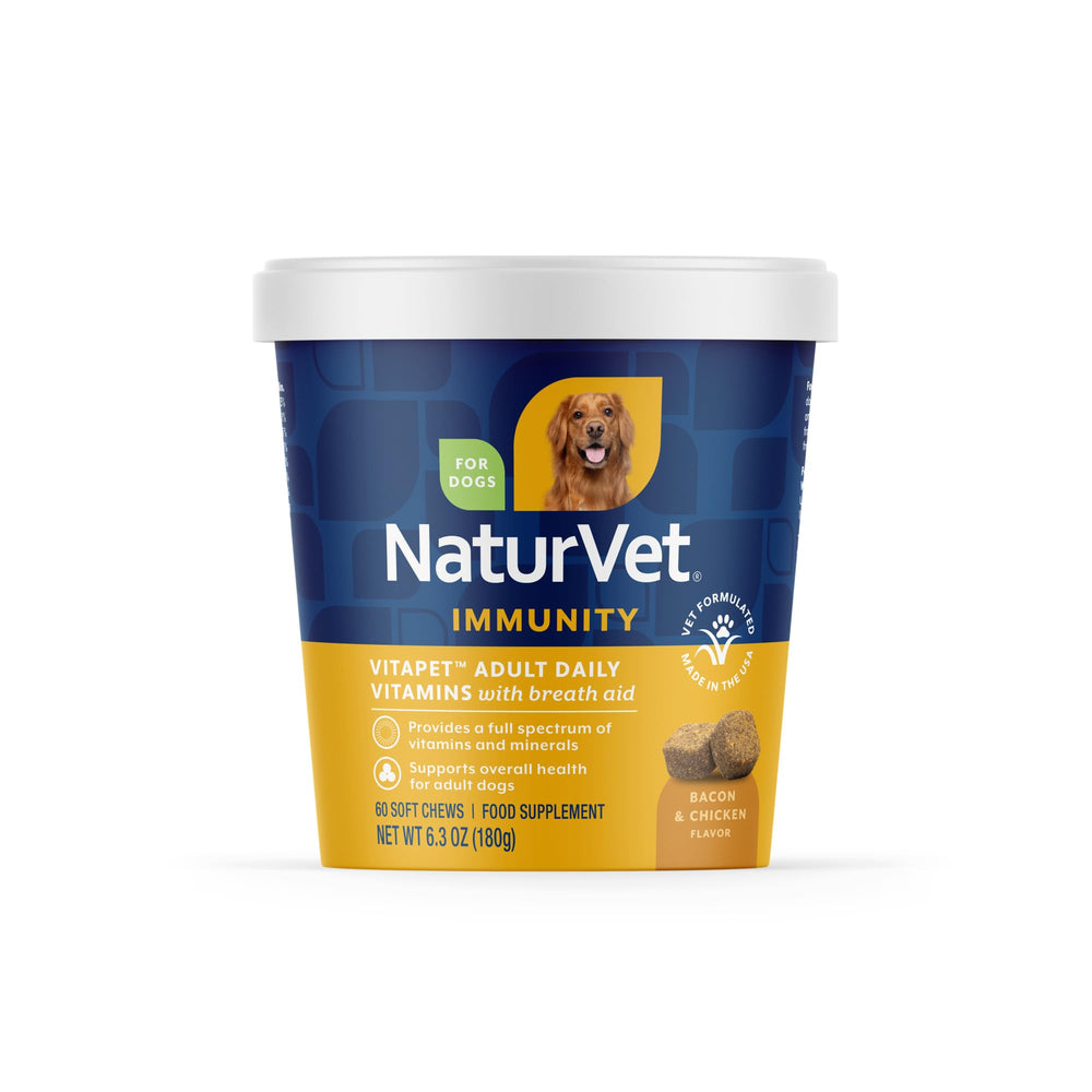 NaturVet VitaPet adult vitamins chews bottle shown, supporting canine nutrition and daily wellness.