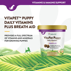 NaturVet VitaPet breath-aid image illustrating breath support for puppies