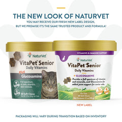 NaturVet VitaPet Senior bottle label highlights vet-formulated daily vitamins for senior cats.
