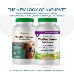 NaturVet VitaPet Senior tablets closeup highlighting glucosamine for joint support.