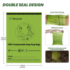 Natuural cornstarch-based compostable dog poop bags for planet-friendly waste disposal.