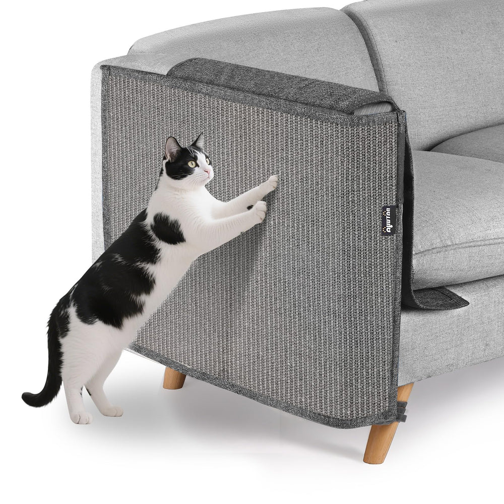 NATUYA cat scratch protector on sofa corner (right) guards upholstery from claws.