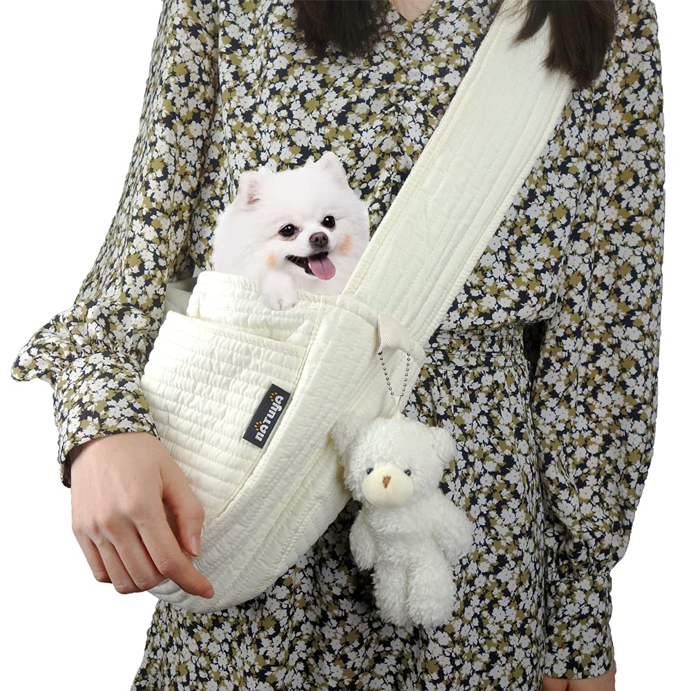 NATUYA small dog carrier sling front view for hands-free outdoor walks.
