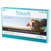 NausX anti-motion dogs tablets bottle shows travel relief in action for quick use