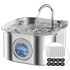 NautyPaws cat water fountain front view in stainless steel for easy cleaning