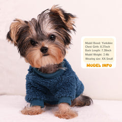 Nave Blue XX-Small Dog Sweater on puppy demonstrates easy pullover design.