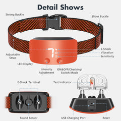 NBJU bark collar controls show beep, vibration, and stimulation options for training