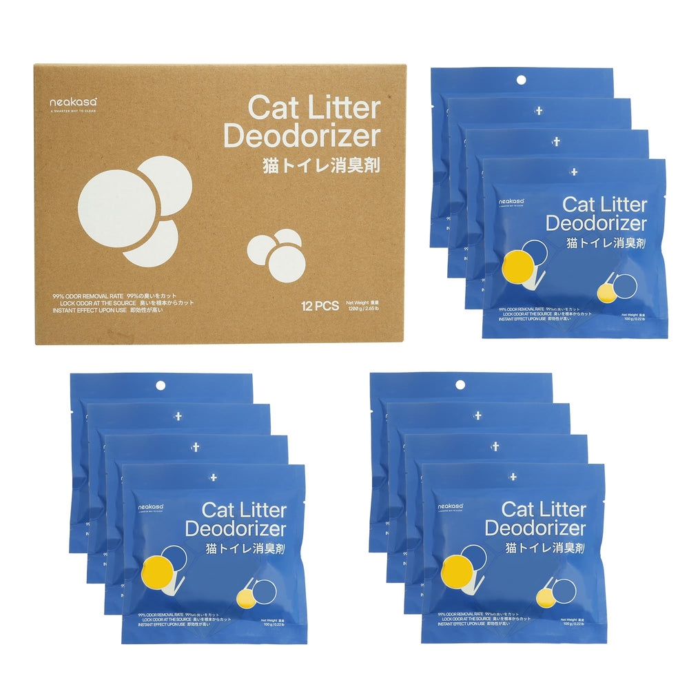 Neakasa cat litter deodorizing granules packaging highlights a 12-pack supply for home odor control.