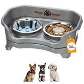 Neater Feeder Express assembled stand demonstrates compact elevated feeding station to keep meals tidy.