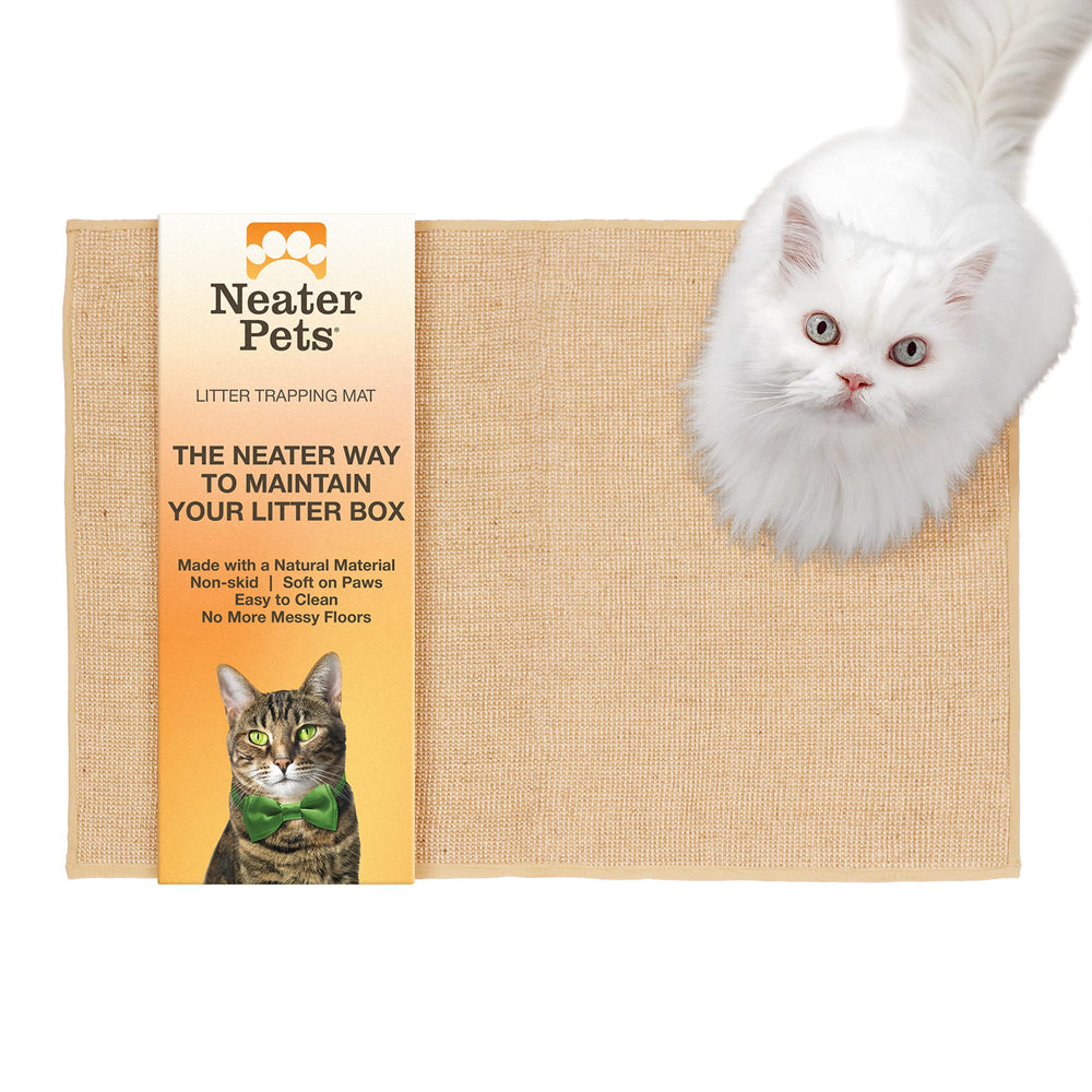 Neater Pets jute litter trapping mat in front of litter box catching kicked litter