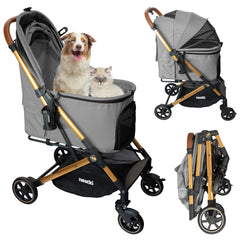 Neatki foldable pet stroller gray front view highlighting easy urban navigation