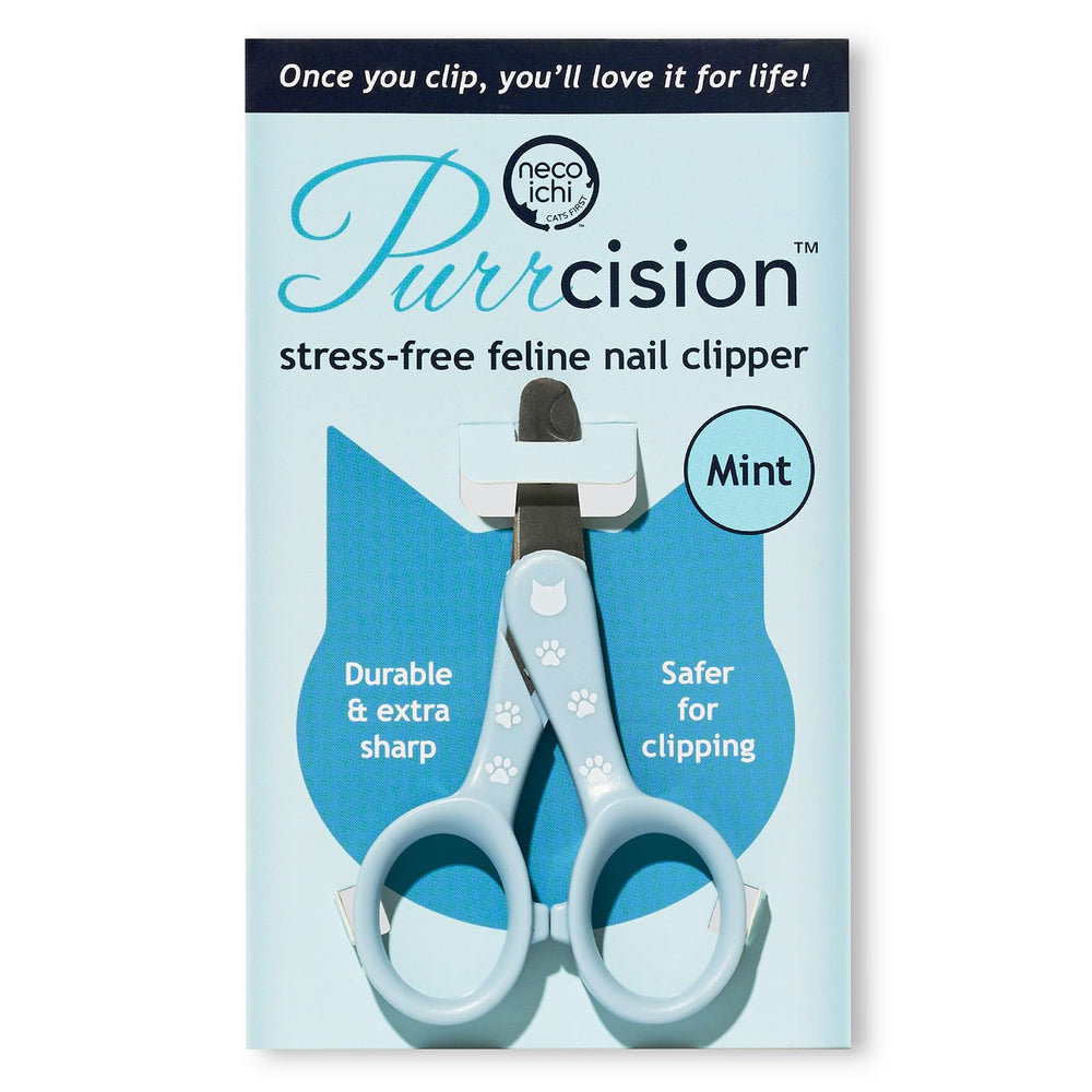 NECOICHI Purrcision mint nail clippers close-up showing precision-thin blade for safe trimming