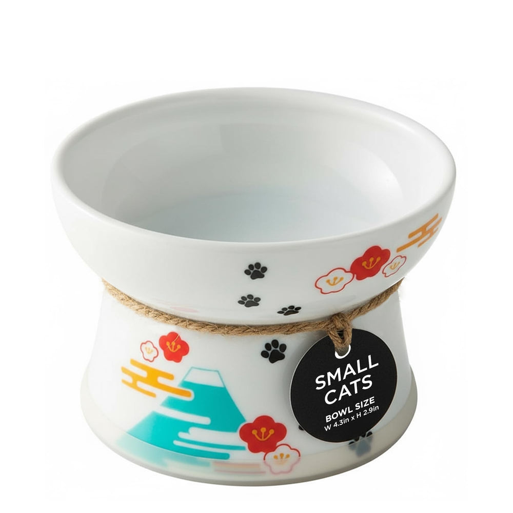 NECOICHI raised cat bowl ceramic Fuji regular 1-cup, ergonomic whisker relief.