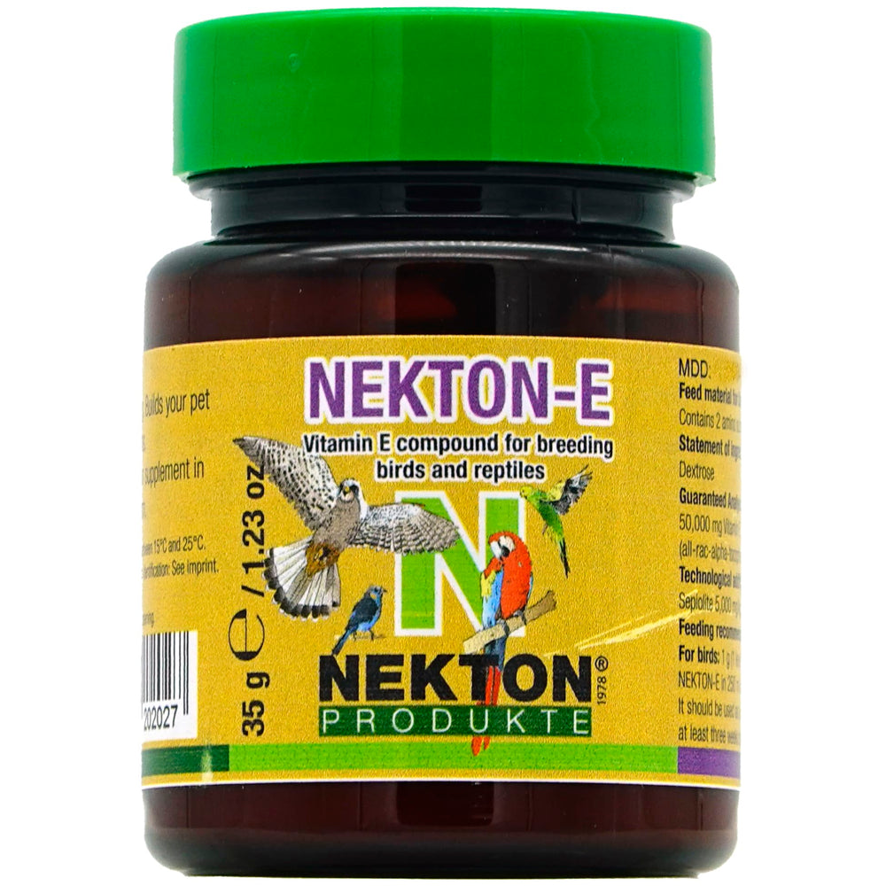 Nekton-E Vitamin E bird bottle front, compact 35g packaging for bird health.