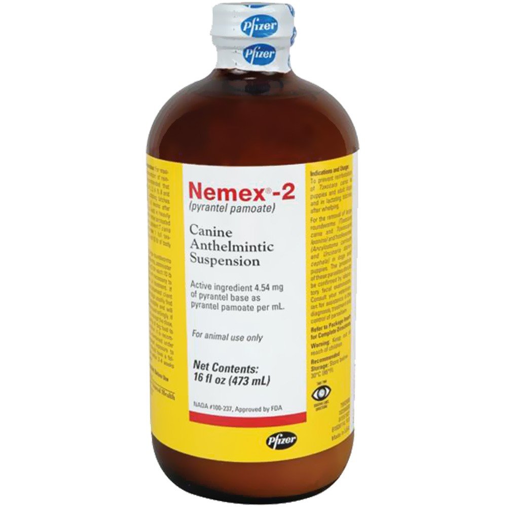 Nemex 2 bottle pour for easy dosing to help eliminate roundworms and hookworms in dogs