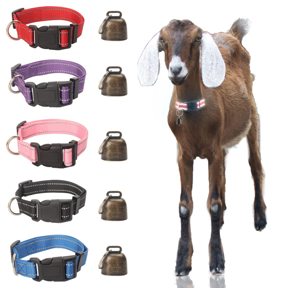 NEOGULY goat collar with bell assembly highlights a complete five-pack set for easy farm labeling.