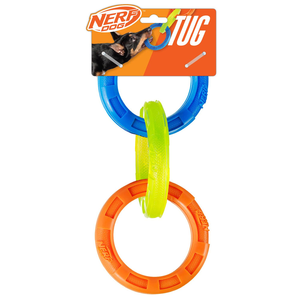 Nerf Dog 3-Ring Tug toy with blue-green-orange rings for durable outdoor tug.