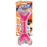Nerf Dog 9in Bacon SuperScent bone in clear pink supports fetch and scent play