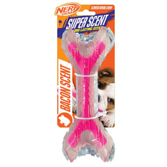 Nerf Dog 9in Bacon SuperScent bone in clear pink supports fetch and scent play