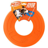 Nerf Dog Atomic Flyer orange disc in flight for long-distance fetch with medium and large dogs.