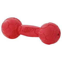 Nerf Dog Bash Squeak Barbell Red close-up ridges showing gum massage during chewing.