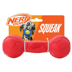 Nerf Dog Bash Squeak Barbell Red dog play toy for engaging fetch sessions.