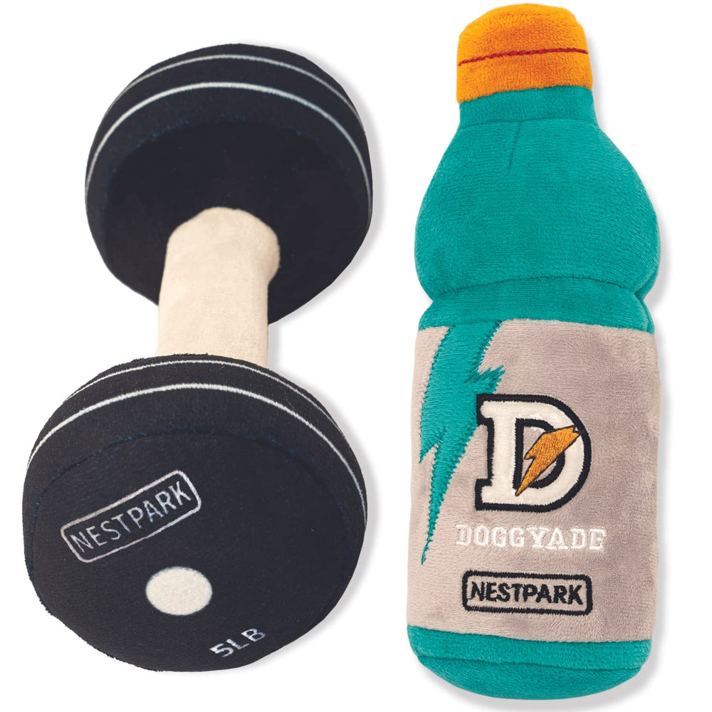 Nestpark Doggyade dumbbell workout toy close view showing plush fabric and squeaker for interactive play