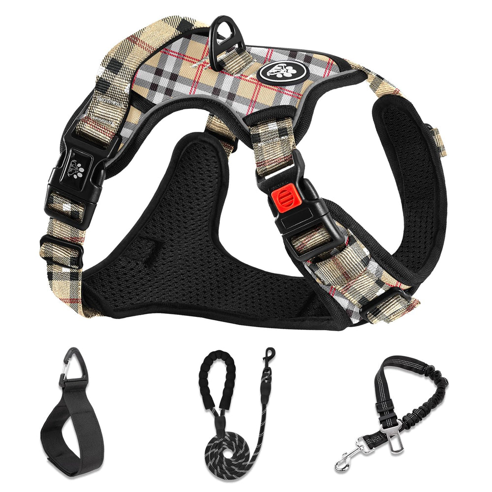 NESTROAD No-Pull Harness side-dress view in checkered beige improves quick, comfortable on-off for daily walks.