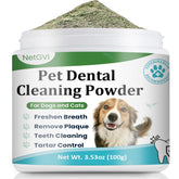 NetGVI dog teeth cleaning powder bottle for easy at-home oral care.