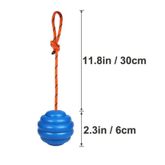Nevperish K9 training ball with rope shows durable non-slip loop for throws.