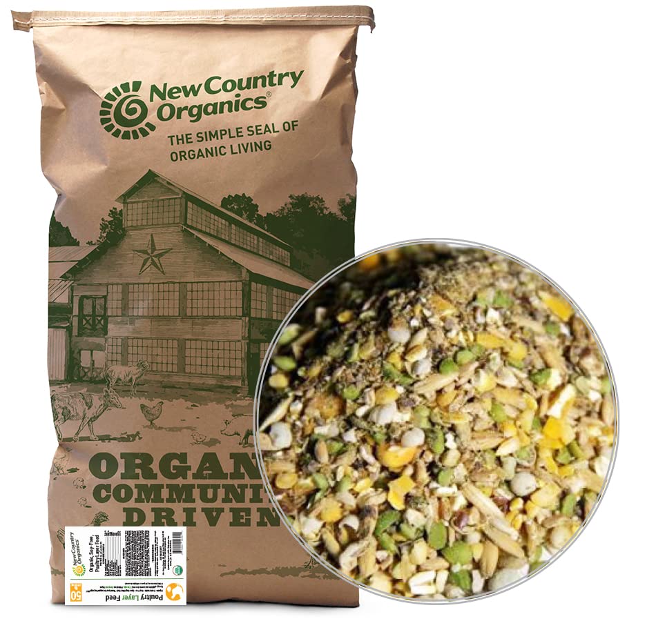 New Country Organics Classic Grind Layer Feed Bag showing organic soy-free nutrition for hens.