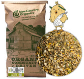 New Country Organics olive oil layer feed bag-front showcases organic nutrition for laying hens.