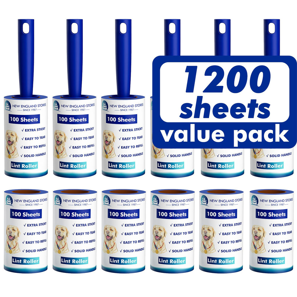 New England Stories lint roller pack showing 1200 sheets for long-lasting cleanup