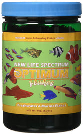 New Life Spectrum Optimum Flakes bottle closeup supports vibrant color potential.