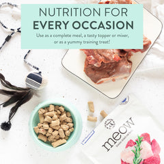 The New Zealand Natural Pet Food Co Meow freeze-dried bites closeup highlights lamb and hoki flavor for cats.