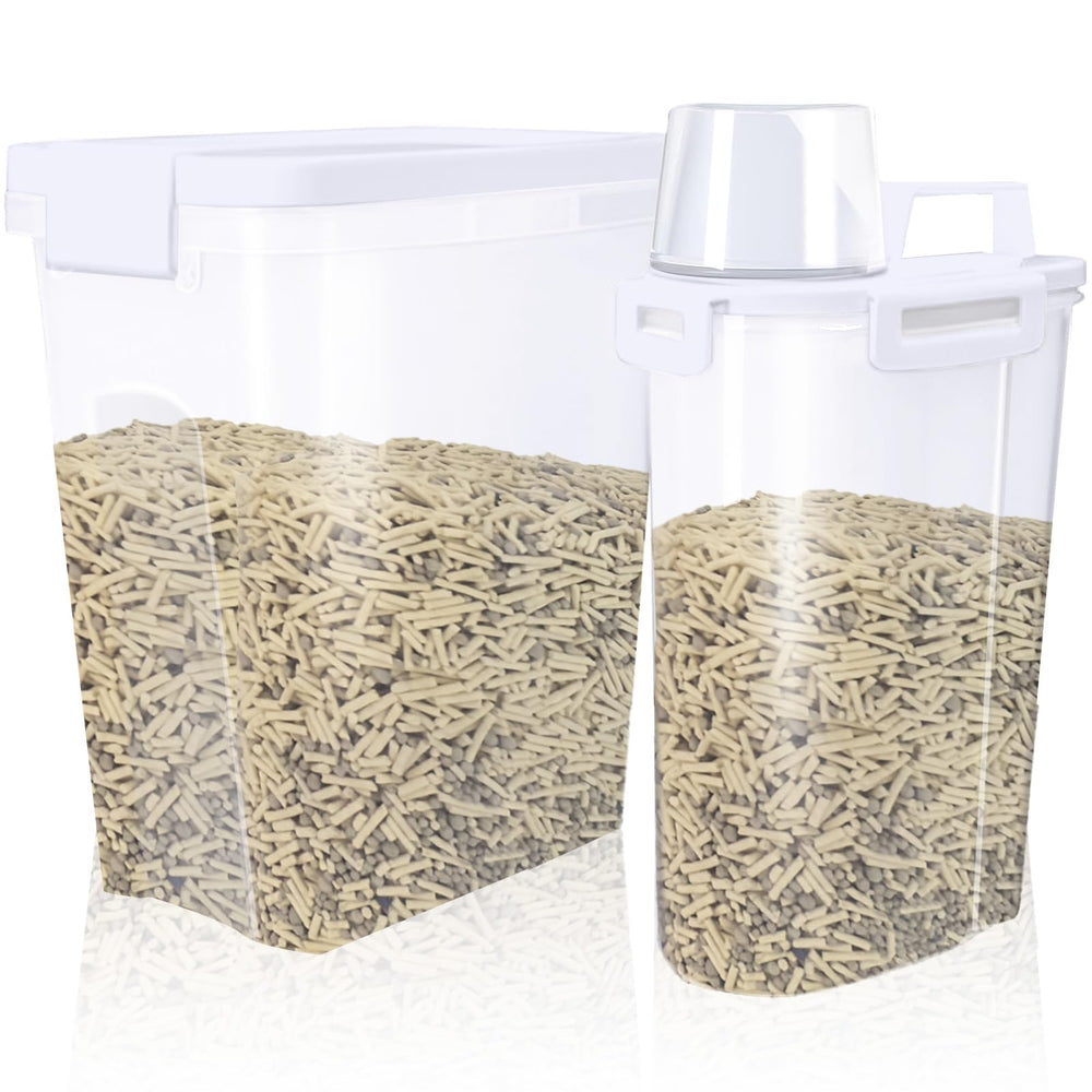 Newivi 2-pack cat litter storage containers with airtight lids keeping litter dry and organized.