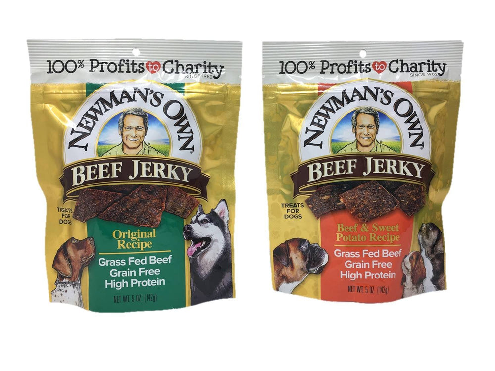 Newman's Own beef jerky dog treats bundle with two flavors for training rewards and tasty snacks.