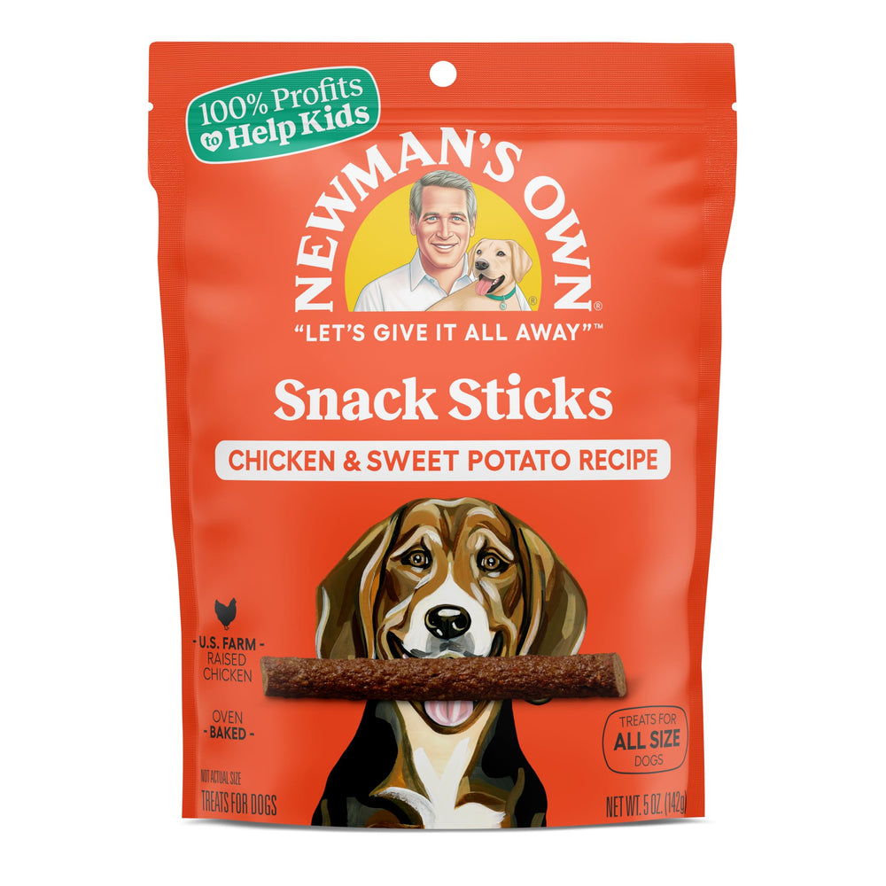 Newman's Own Snack Sticks for Dogs packaging demonstrates a resealable pouch preserving freshness.