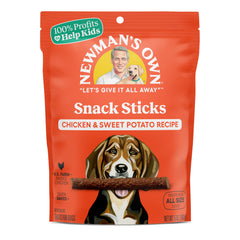 Newman's Own Snack Sticks for Dogs packaging demonstrates a resealable pouch preserving freshness.