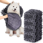 Newwiee dog drying towel 32x14 gray side view with quick absorbency.