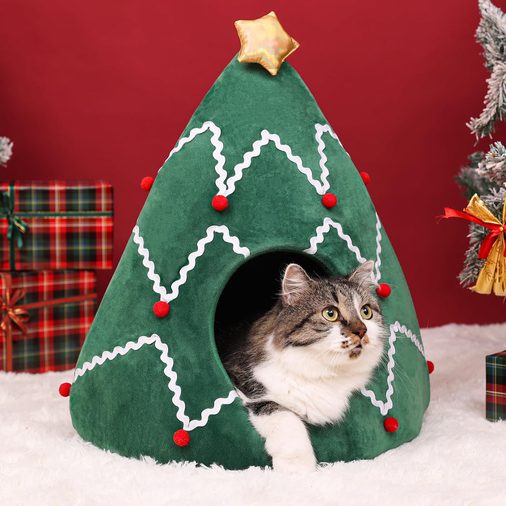 NIBESSER cat bed Christmas tree design provides cozy privacy for felines.