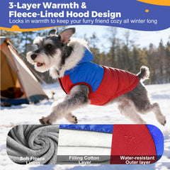 Nibnozy dog winter coat hood front view highlights plush hood for wind protection during walks.