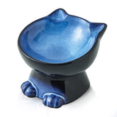 Nihow slanted elevated cat bowl in blue-black promotes comfortable dining posture.