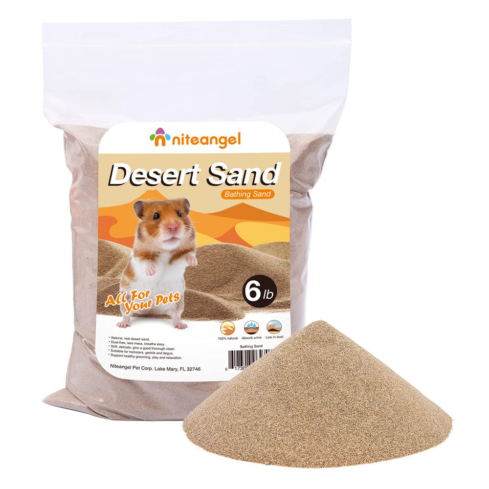 Niteangel hamster desert bath sand in bowl setup supports gentle grooming.