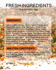 Niteangel Hamster Food & Treats Toy closeup ingredients reveal varied oats, vegetables, and chickpea flakes.