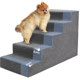 Niubya dog stairs 5-step grey on bed and couch for easier access and stability.