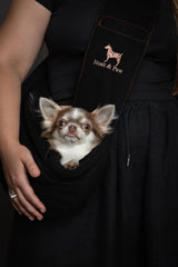 Noah & Paw dog sling adjustable strap length demonstrates easy fit for small pets.